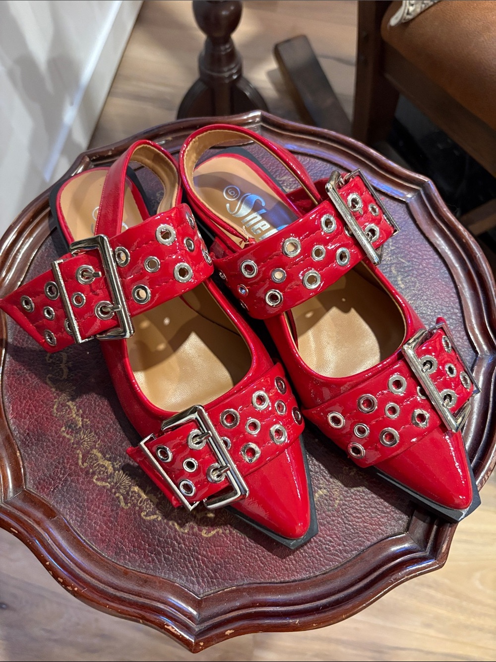 Red Patent Pointed-Toe Slingback Flats with Grommet Straps